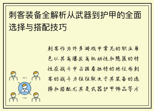 刺客装备全解析从武器到护甲的全面选择与搭配技巧
